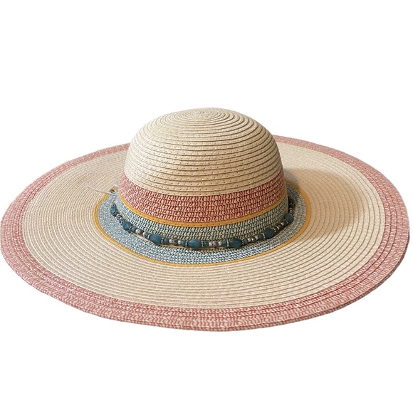 Royal Road Trading Company Turquoise Stone Beaded Band Straw Wide Brim Sun Hat - Picture 6 of 11